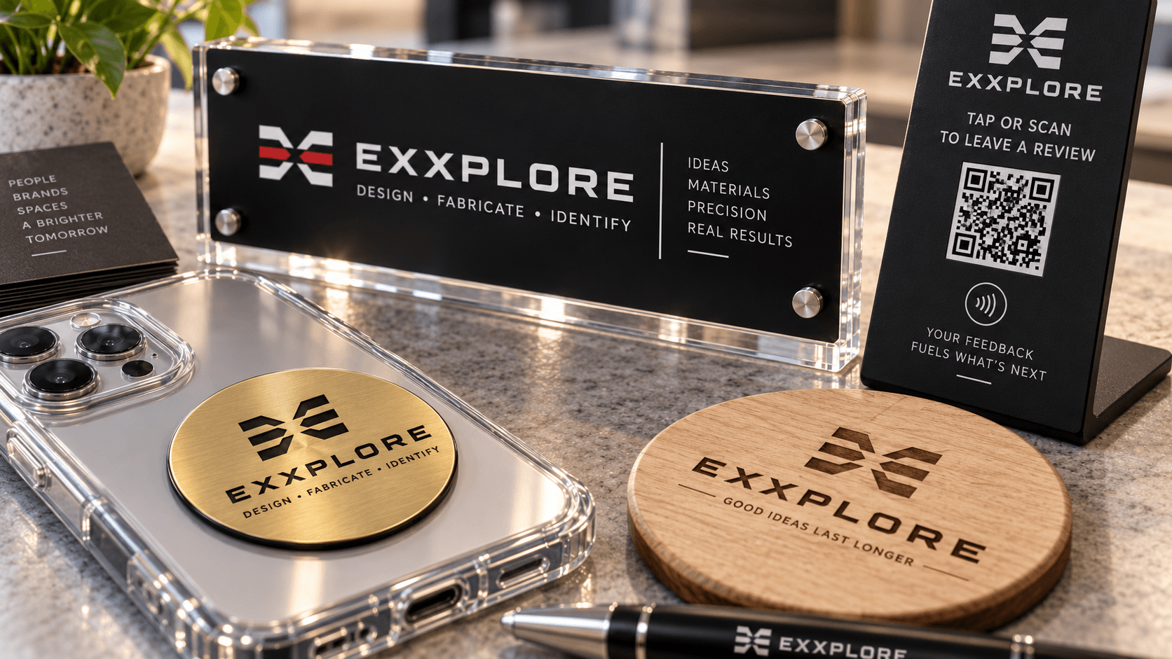 Close-up showing EXXPLORE engraving quality and material finish