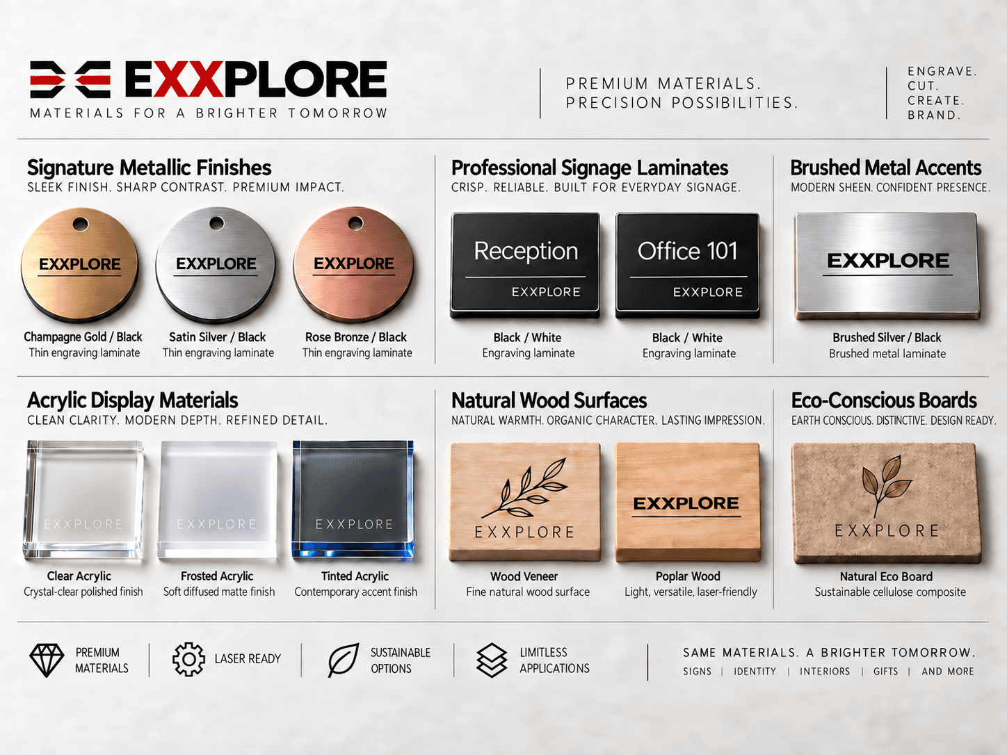 EXXPLORE material samples including engraving laminate, acrylic and wood